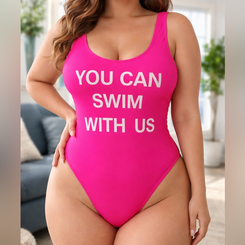 Hot Pink One-Piece Swimsuit with White Slogan